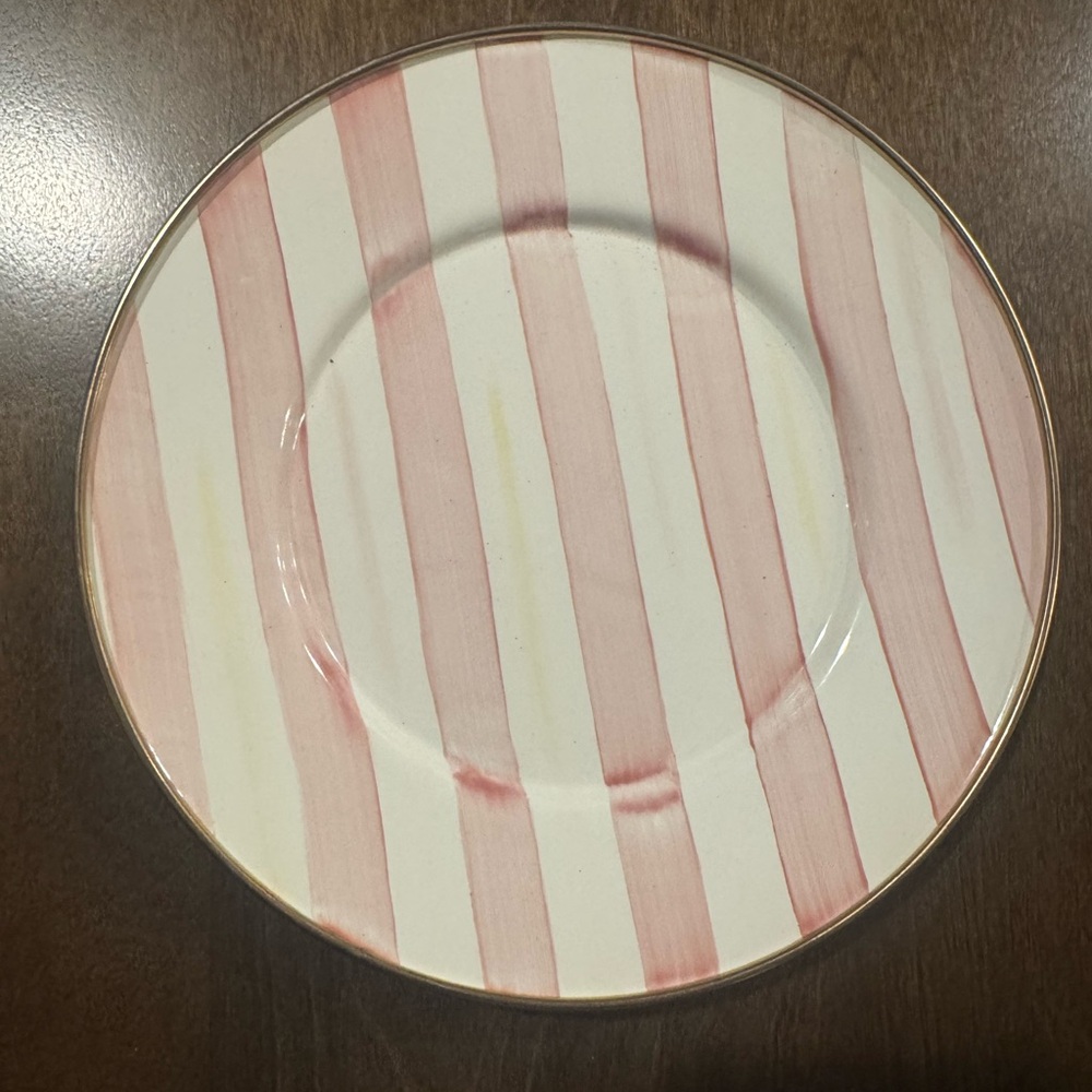MACKENZIE CHILDS BATHING HUT/PINK STRIPE ENAMELWARE SALAD PLATE